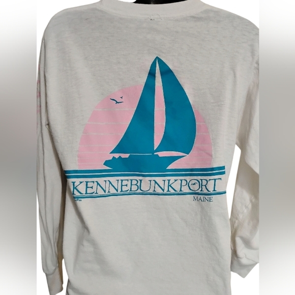 80's VINTAGE White Long Sleeve Cropped Tee with Sailboat Design | Wicked Style - Picture 2 of 10